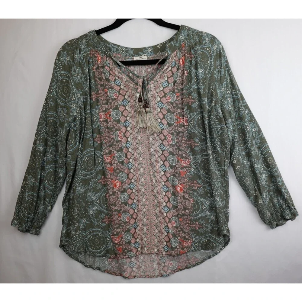 Mason & Belle Blouse Women's Large Green Pink Floral Tasseled Boho Peasant Hippy - Picture 7 of 9